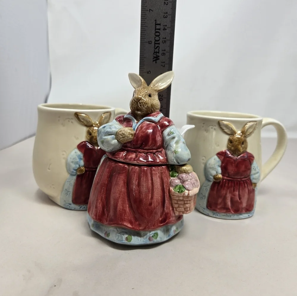 Vintage Otagirl Mrs Rabbit Ceramics 2 Tea Cups-Sugar Holder & Spoon Edith Coll.
